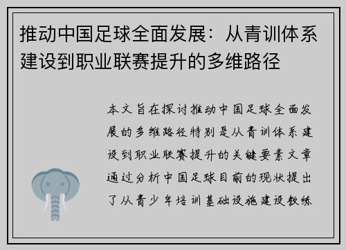 推动中国足球全面发展：从青训体系建设到职业联赛提升的多维路径