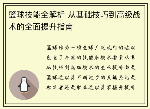篮球技能全解析 从基础技巧到高级战术的全面提升指南