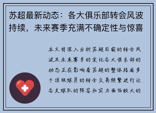 苏超最新动态：各大俱乐部转会风波持续，未来赛季充满不确定性与惊喜