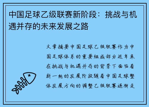 中国足球乙级联赛新阶段：挑战与机遇并存的未来发展之路