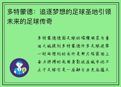 多特蒙德：追逐梦想的足球圣地引领未来的足球传奇