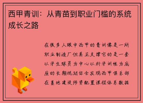 西甲青训：从青苗到职业门槛的系统成长之路