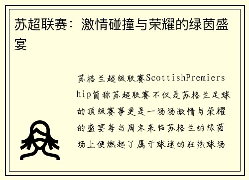 苏超联赛：激情碰撞与荣耀的绿茵盛宴