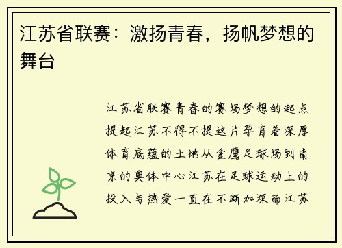 江苏省联赛：激扬青春，扬帆梦想的舞台